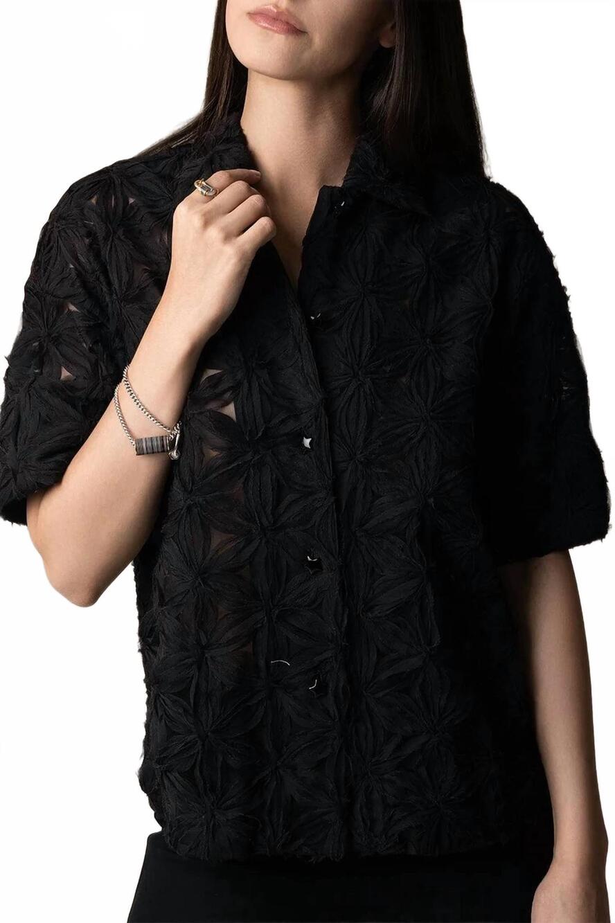 NEW ODEEH embroidered organza short sleeve shirt in jet blk